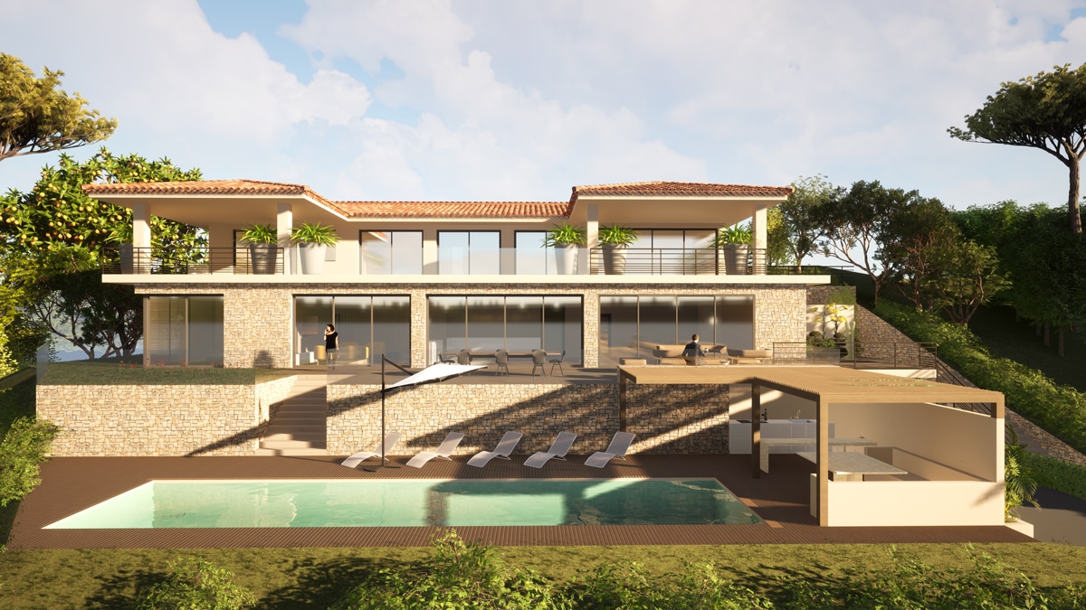 Villa CR, vue de derrière avec piscine et terrasse - Agence d'architecture Archi-Tonic